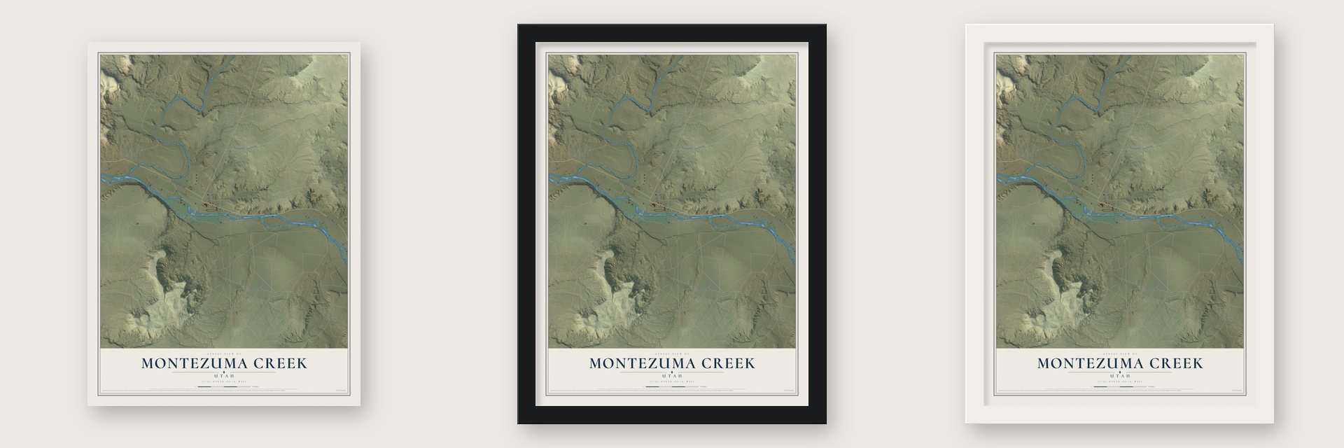 Montezuma Creek, Utah map unframed, in a black wood frame and in a white wood frame
