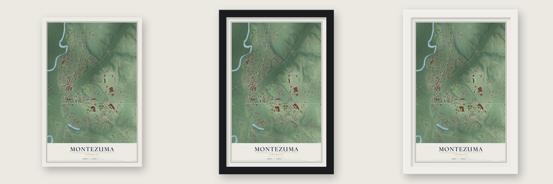Montezuma, Georgia map unframed, in a black wood frame and in a white wood frame