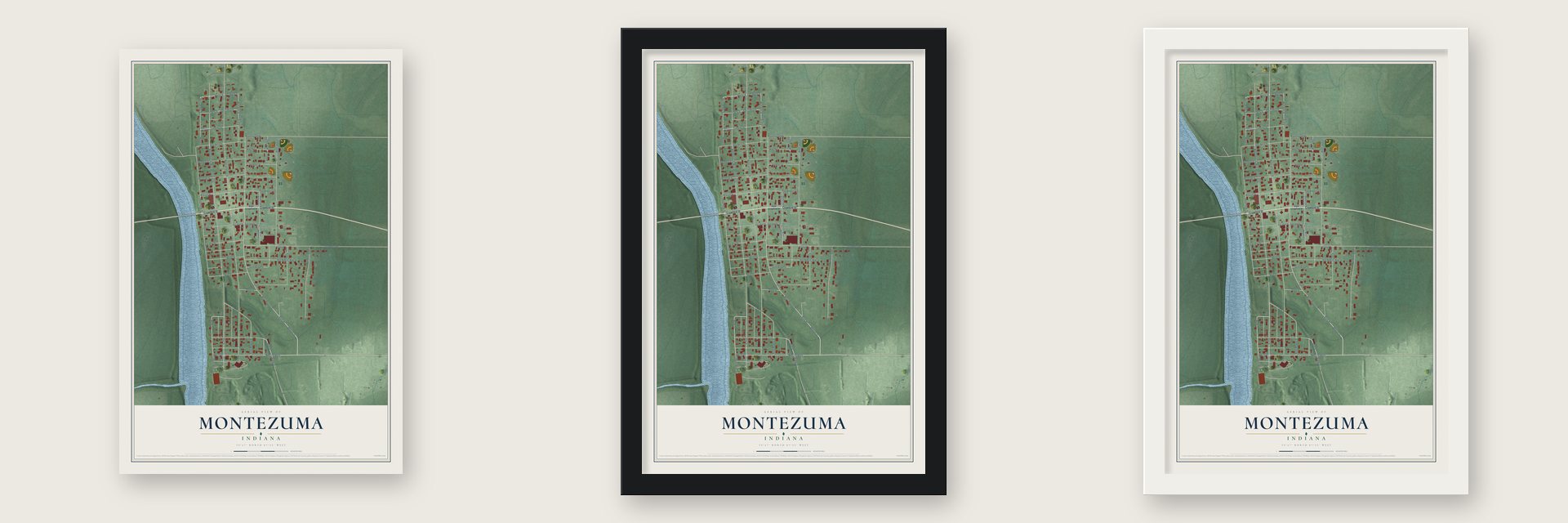 Montezuma, Indiana map unframed, in a black wood frame and in a white wood frame