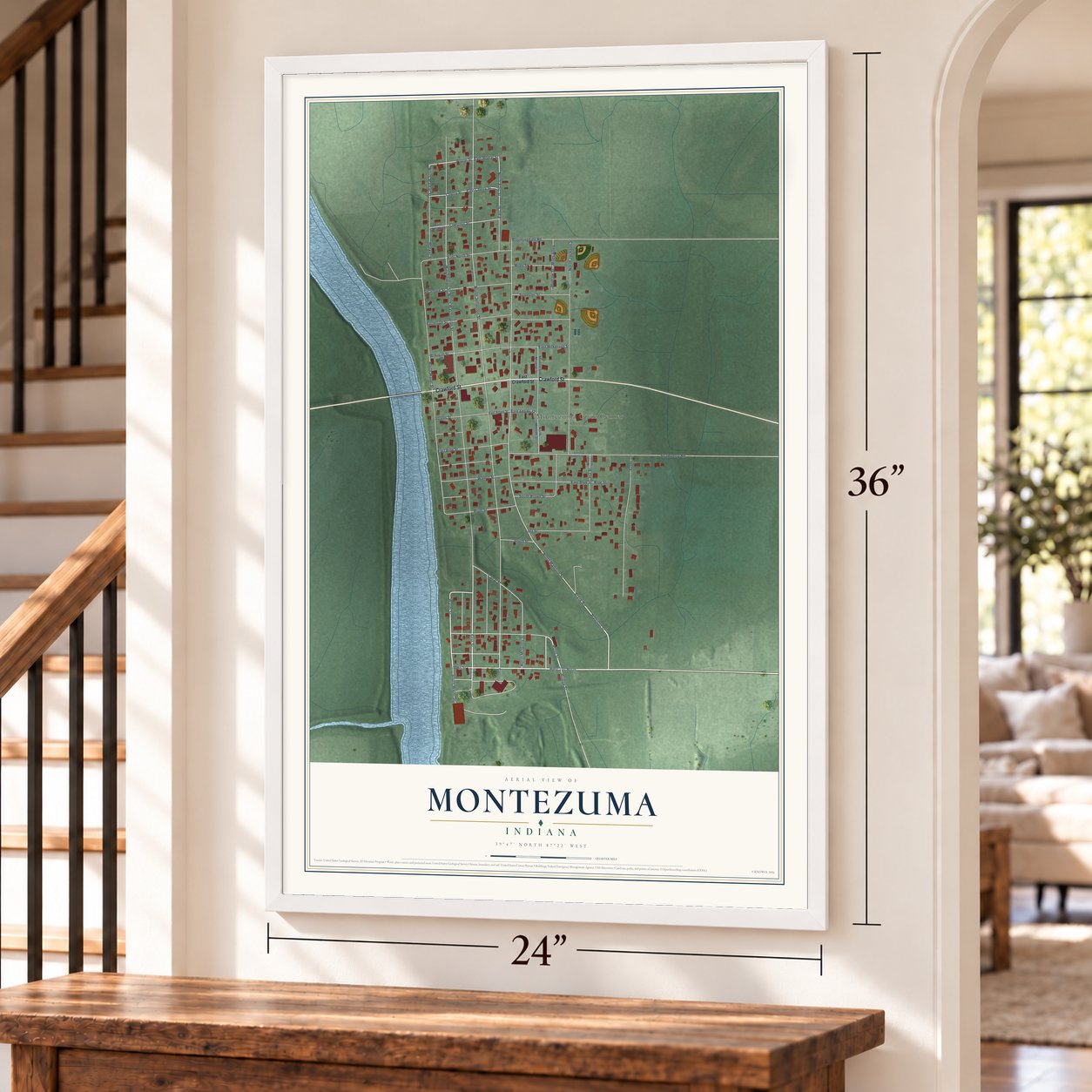 Montezuma, Indiana map, 24 x 36 inch print in a white frame by a staircase