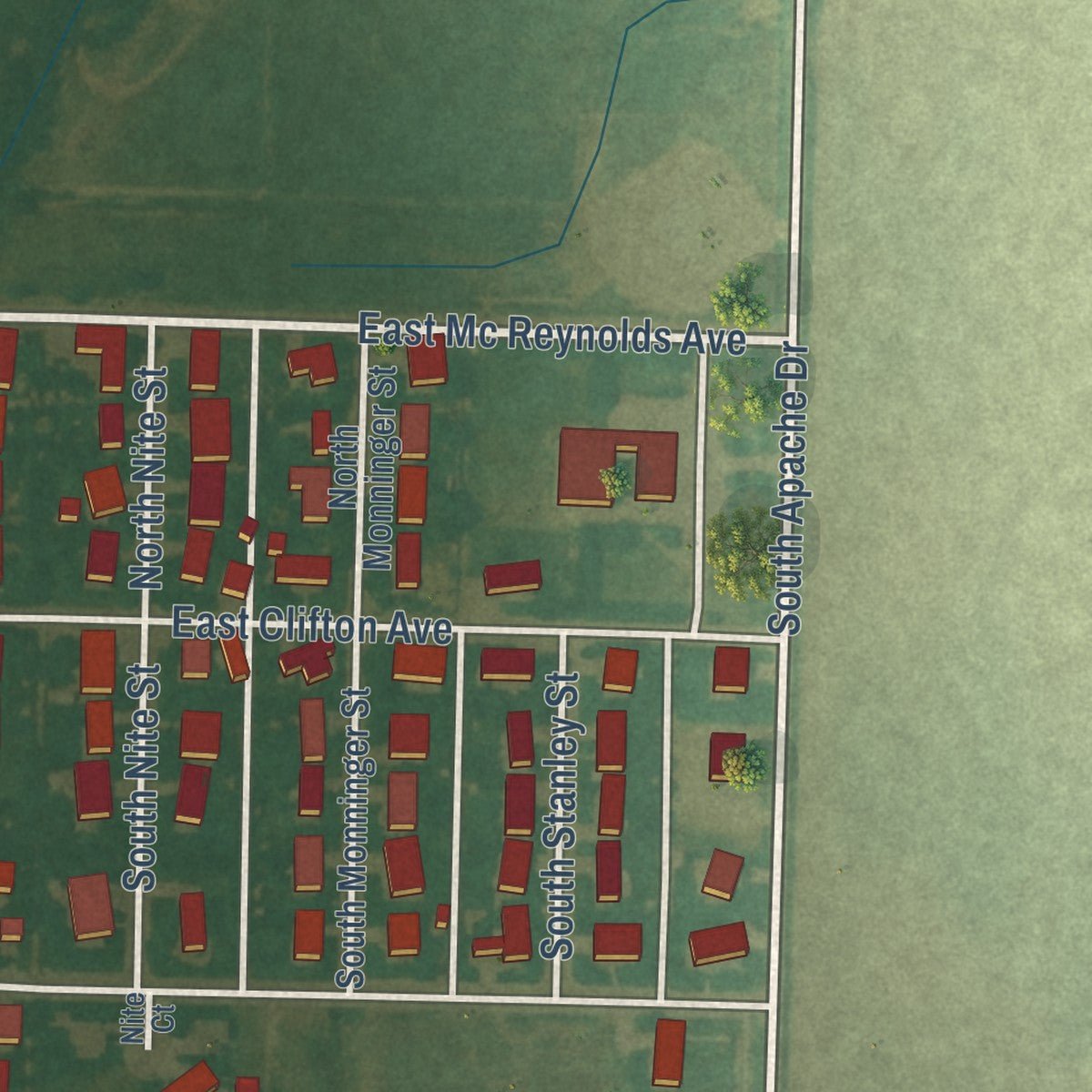 Second close-up of the map of Montezuma, Kansas print showing more streets and buildings