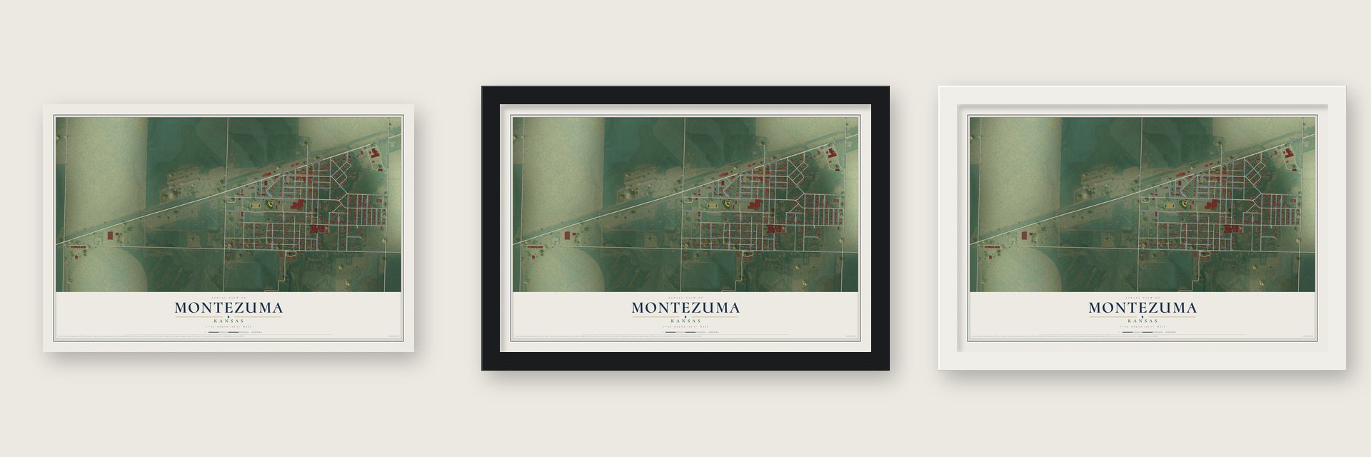 Montezuma, Kansas map unframed, in a black wood frame and in a white wood frame