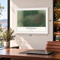 Montezuma, Kansas map, 18 x 24 inch print in a white frame in a home office