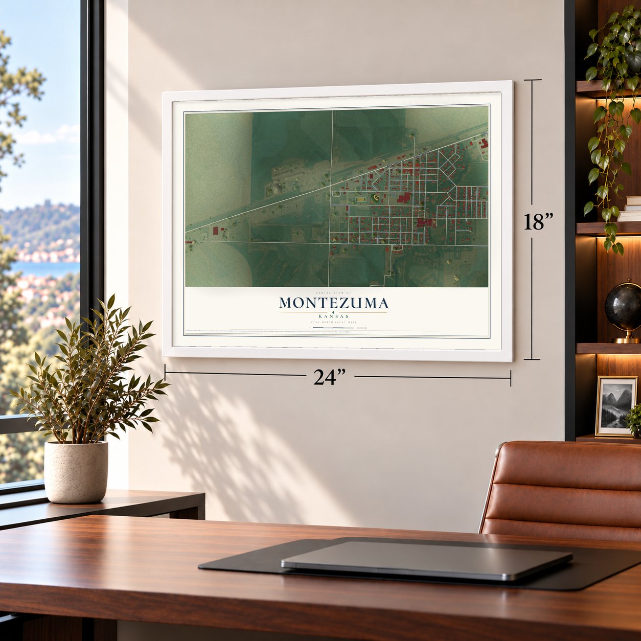 Montezuma, Kansas map, 18 x 24 inch print in a white frame in a home office