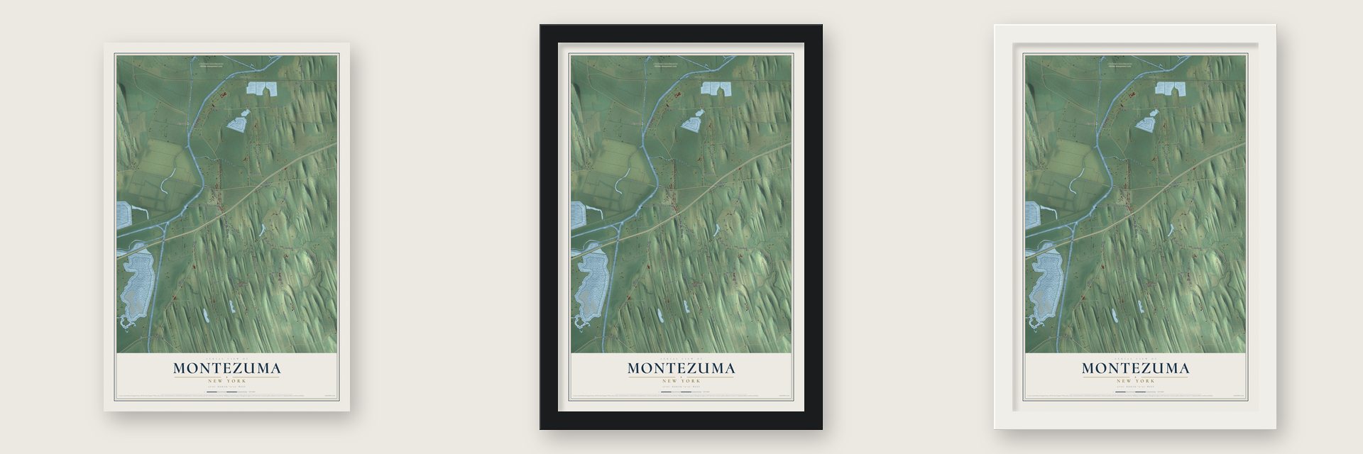 Montezuma, New York map unframed, in a black wood frame and in a white wood frame