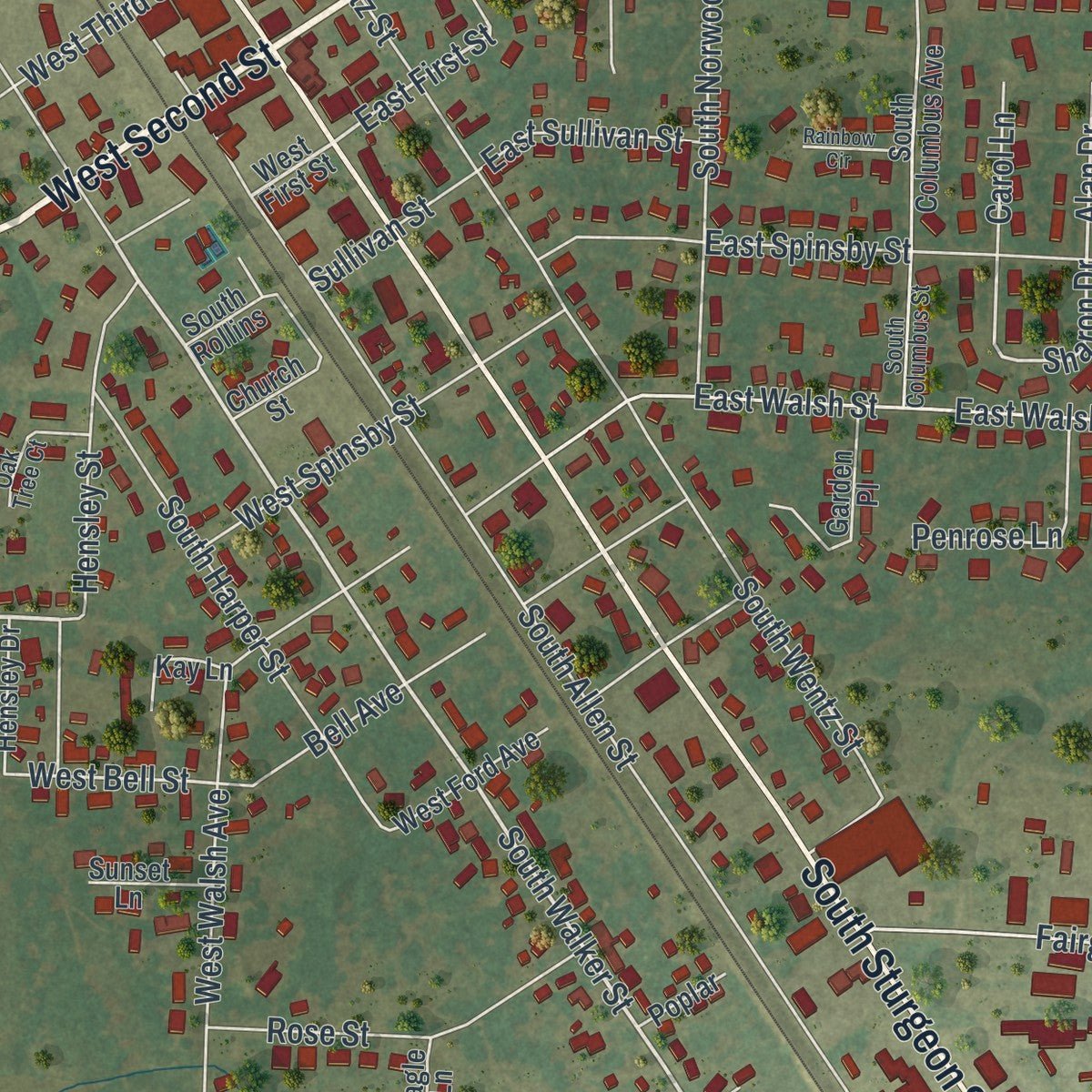 Second close-up of the map of Montgomery City, Missouri print showing more streets and buildings