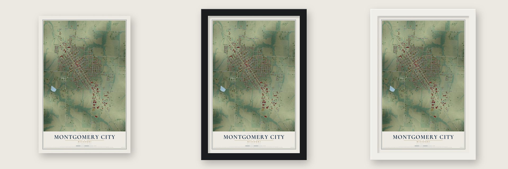 Montgomery City, Missouri map unframed, in a black wood frame and in a white wood frame