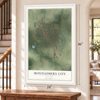 Montgomery City, Missouri map, 24 x 36 inch print in a white frame by a staircase
