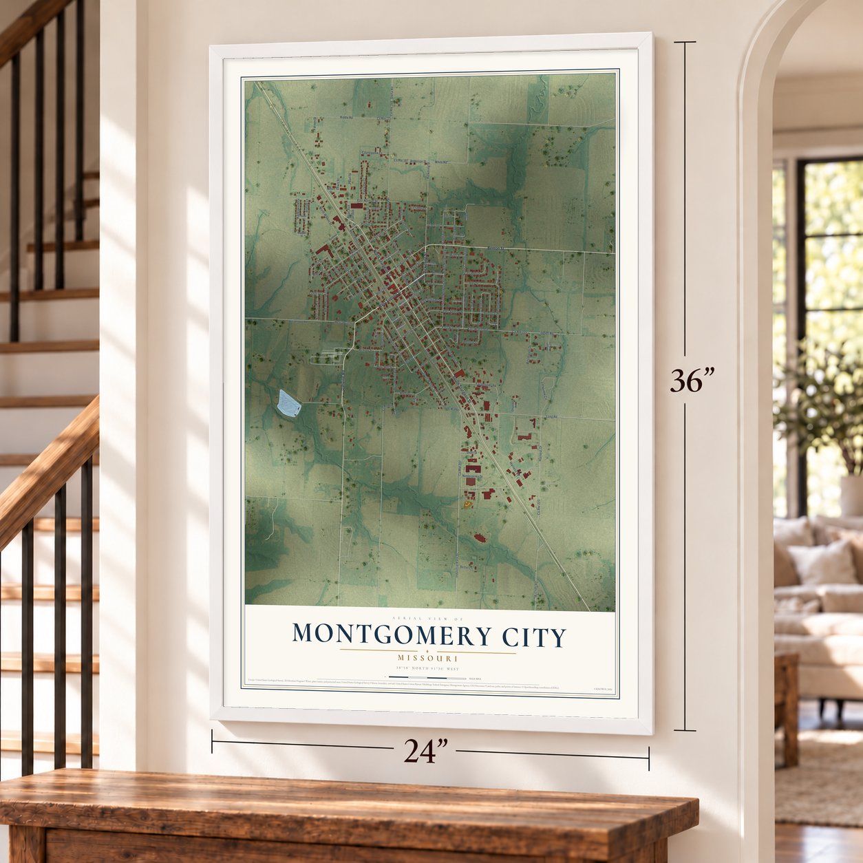 Montgomery City, Missouri map, 24 x 36 inch print in a white frame by a staircase