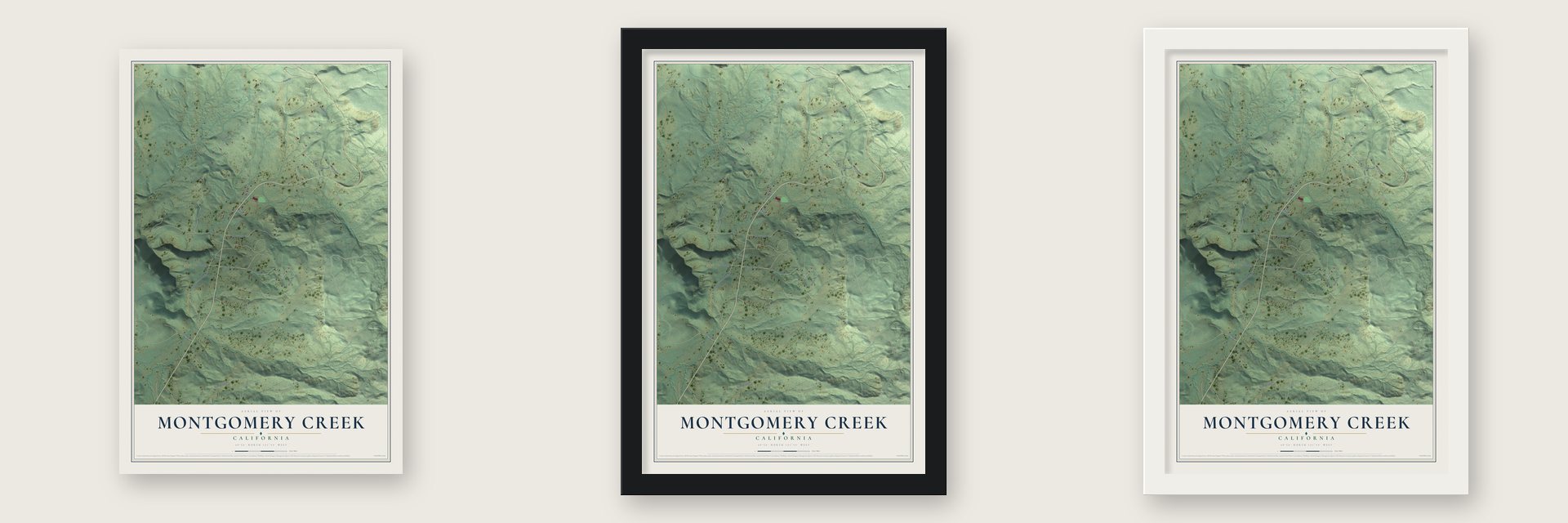 Montgomery Creek, California map unframed, in a black wood frame and in a white wood frame