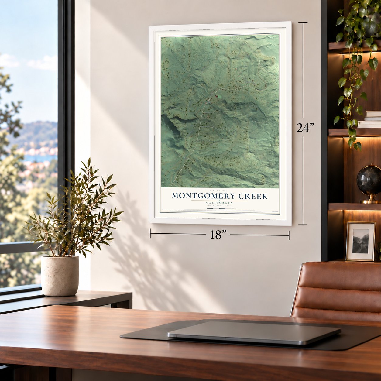 Montgomery Creek, California map, 18 x 24 inch print in a white frame in a home office