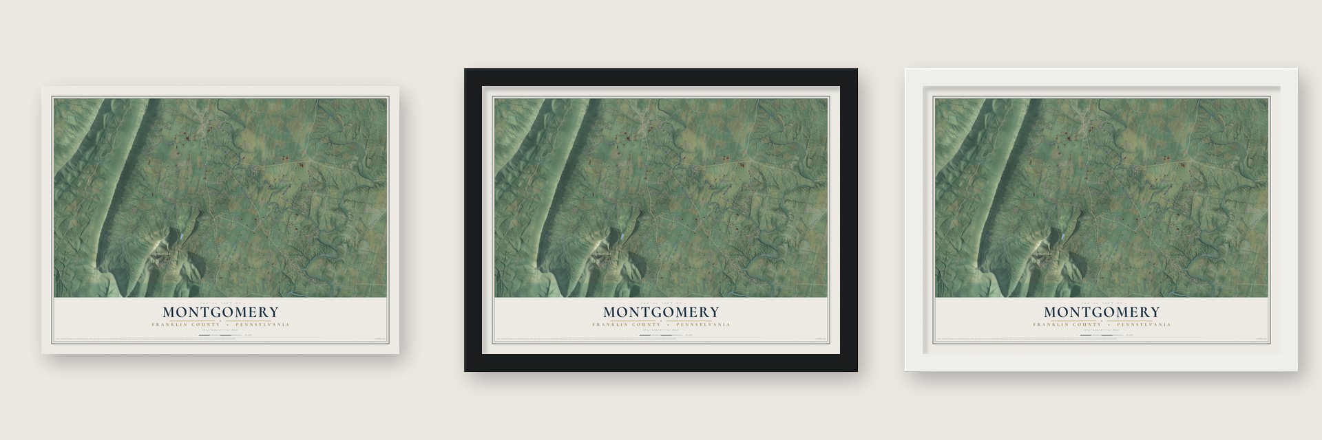 Montgomery, Franklin County, Pennsylvania map unframed, in a black wood frame and in a white wood frame