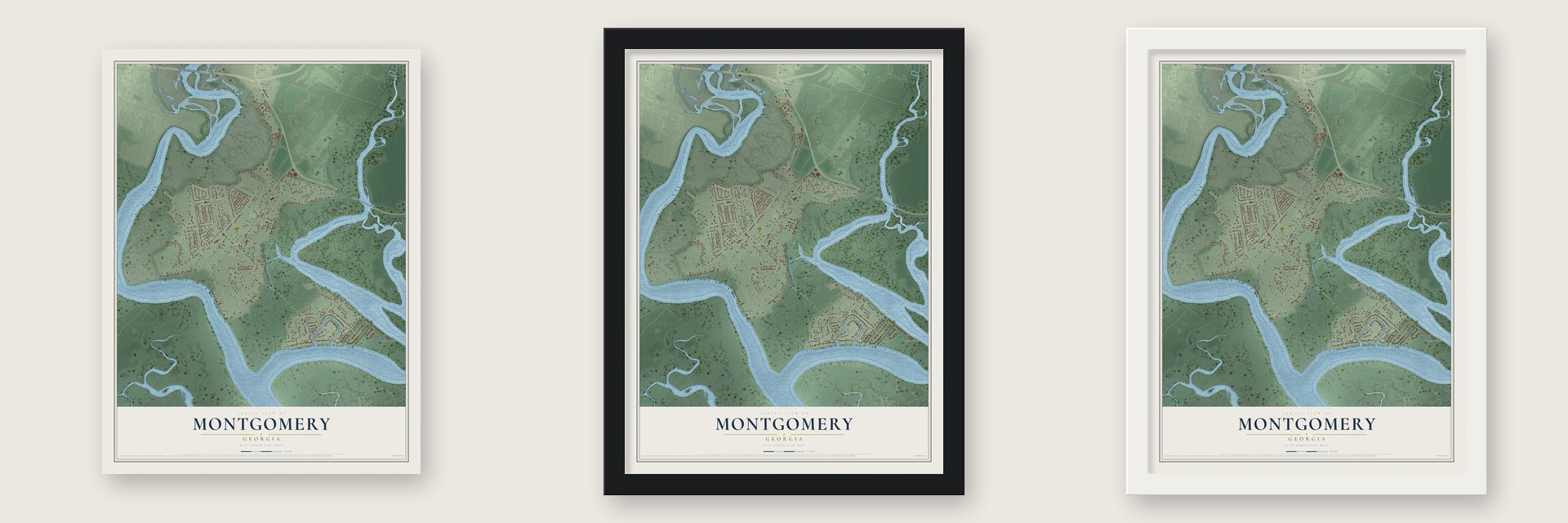 Montgomery, Georgia map unframed, in a black wood frame and in a white wood frame