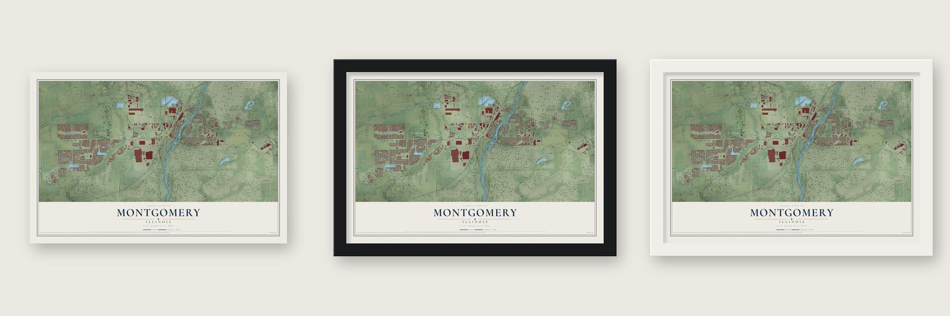 Montgomery, Illinois map unframed, in a black wood frame and in a white wood frame