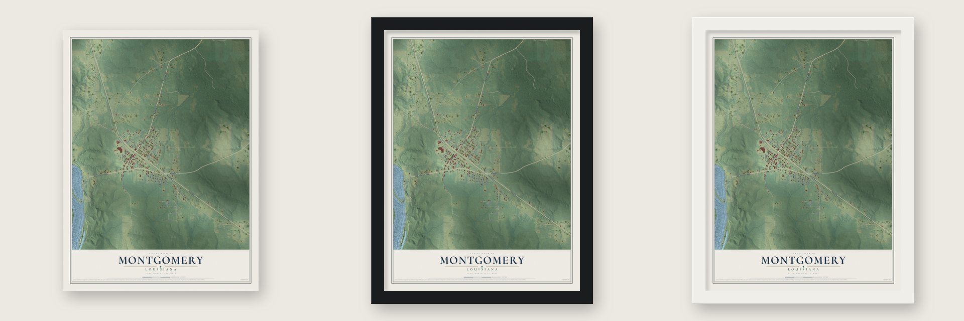 Montgomery, Louisiana map unframed, in a black wood frame and in a white wood frame