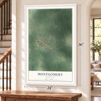 Montgomery, Louisiana map, 24 x 36 inch print in a white frame by a staircase