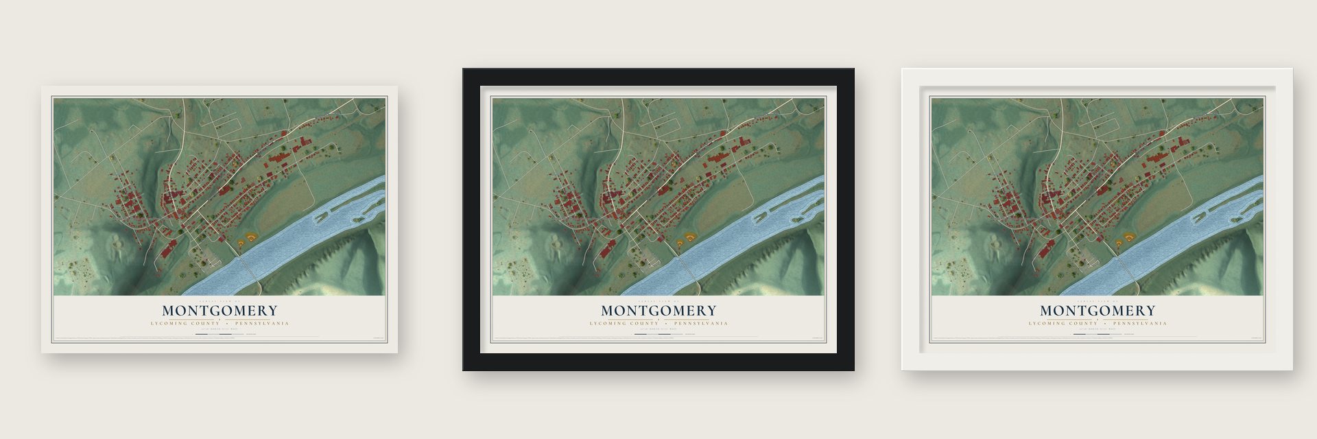 Montgomery, Lycoming County, Pennsylvania map unframed, in a black wood frame and in a white wood frame