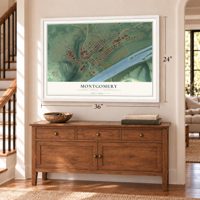 Montgomery, Lycoming County, Pennsylvania map, 24 x 36 inch print in a white frame above a dresser by a staircase