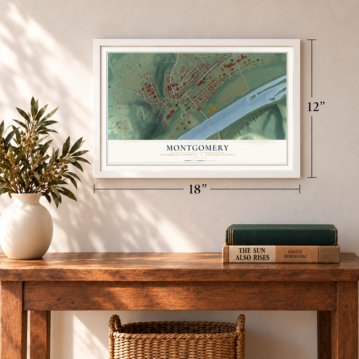 Montgomery, Lycoming County, Pennsylvania map, 12 x 18 inch print in a white frame in an entryway