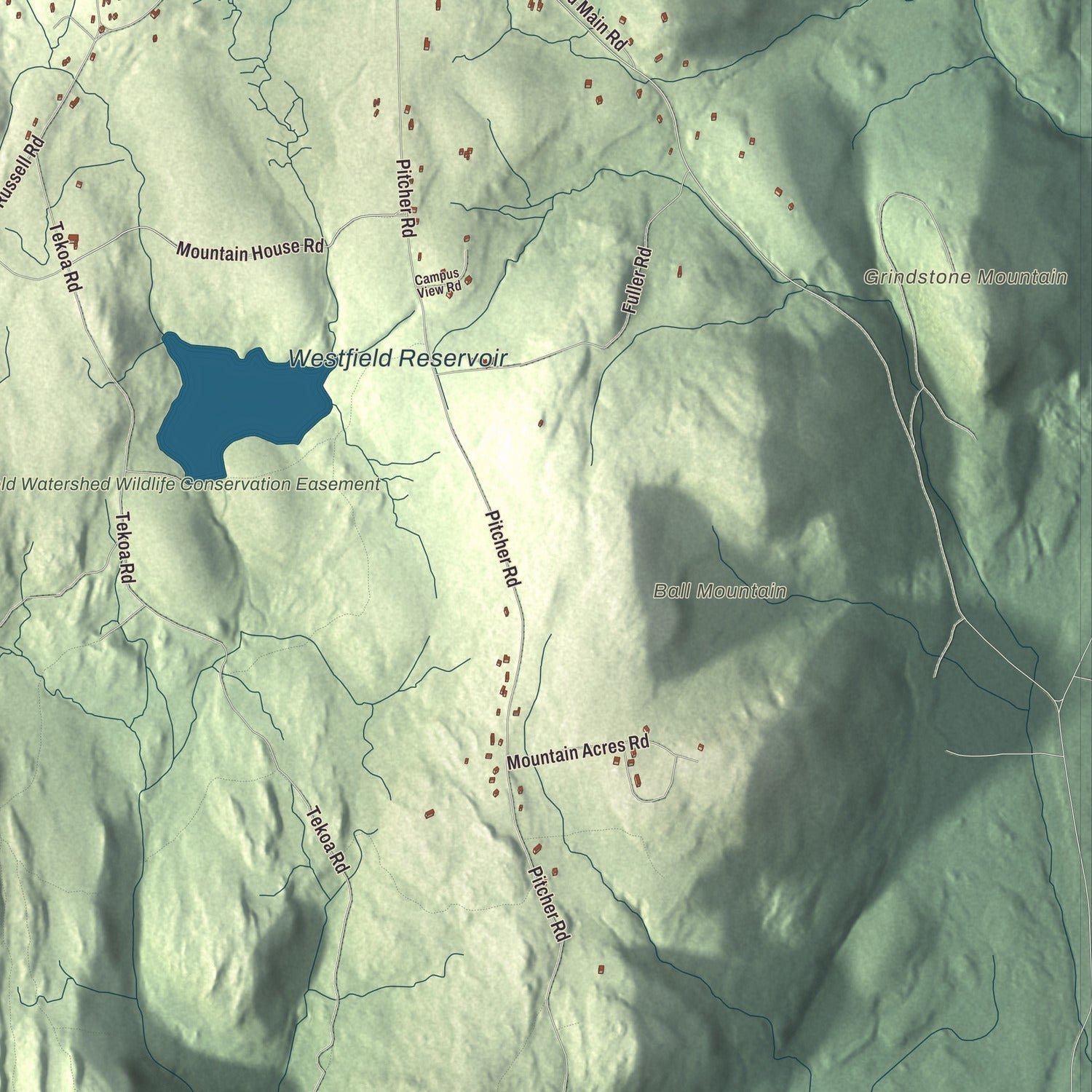 Close-up of the map of Montgomery, Massachusetts print showing terrain and local geography
