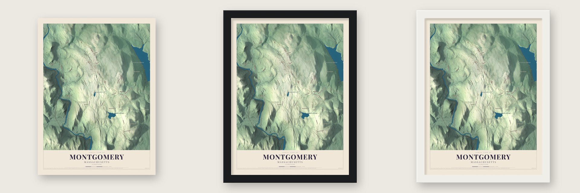 Montgomery, Massachusetts map unframed, in a black wood frame and in a white wood frame