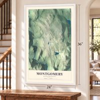 Montgomery, Massachusetts map, 24 x 36 inch print in a white frame by a staircase