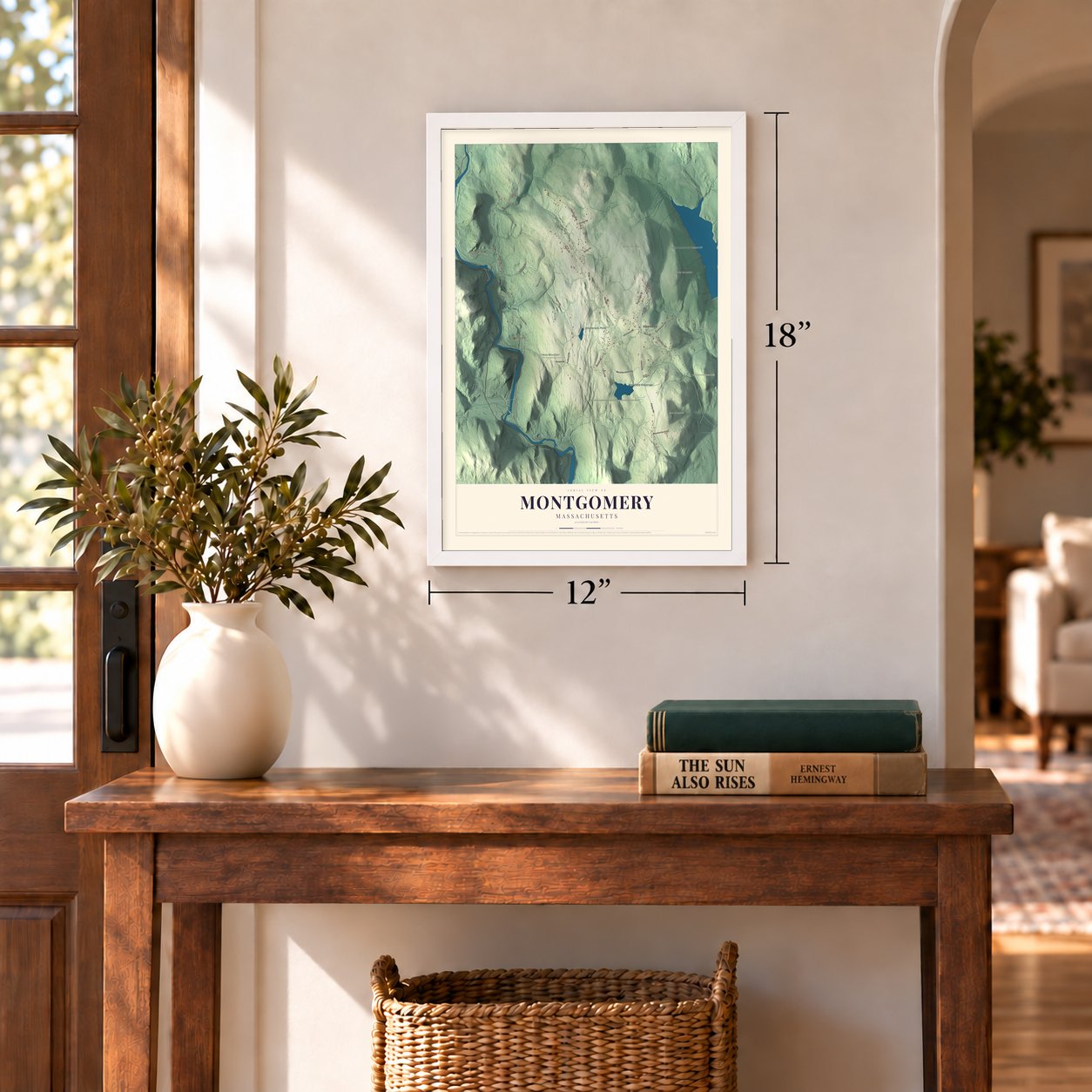 Montgomery, Massachusetts map, 12 x 18 inch print in a white frame in an entryway