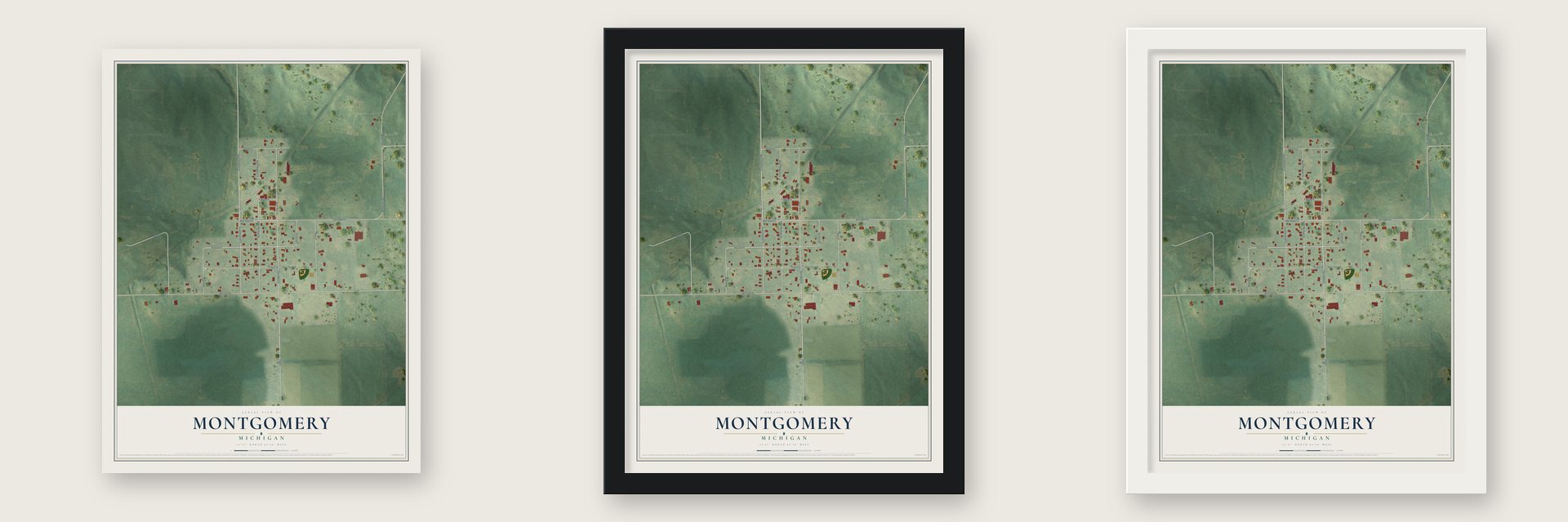 Montgomery, Michigan map unframed, in a black wood frame and in a white wood frame