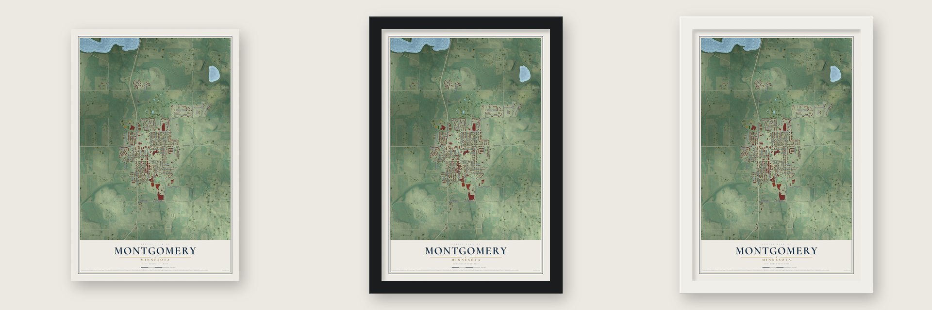 Montgomery, Minnesota map unframed, in a black wood frame and in a white wood frame