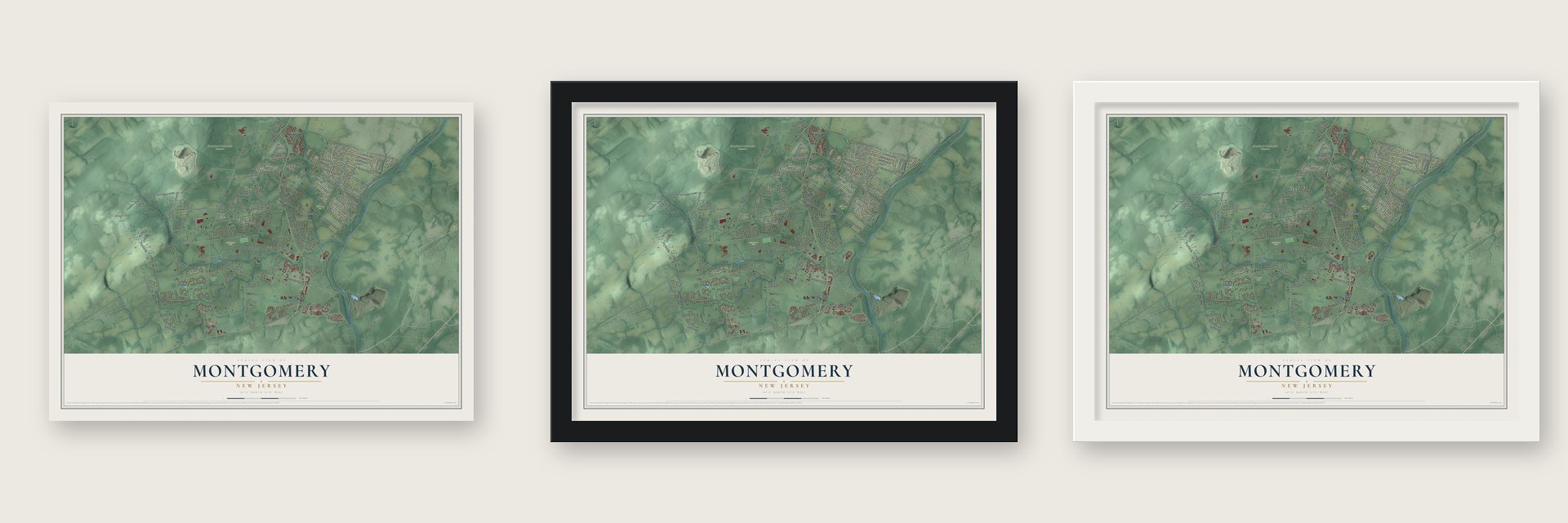 Montgomery, New Jersey map unframed, in a black wood frame and in a white wood frame