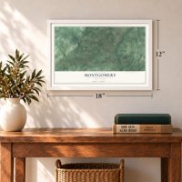 Montgomery, New Jersey map, 12 x 18 inch print in a white frame in an entryway