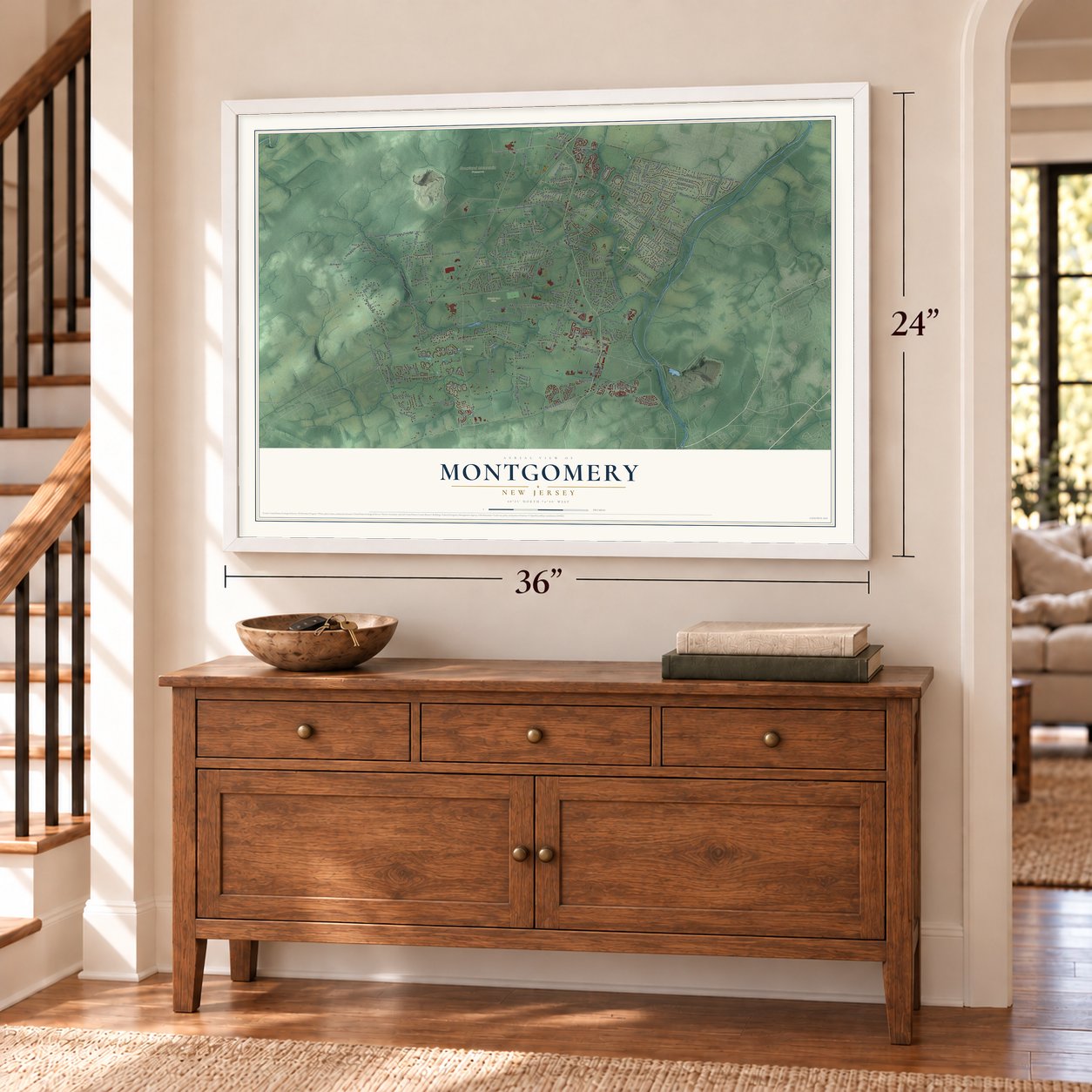 Montgomery, New Jersey map, 24 x 36 inch print in a white frame above a dresser by a staircase