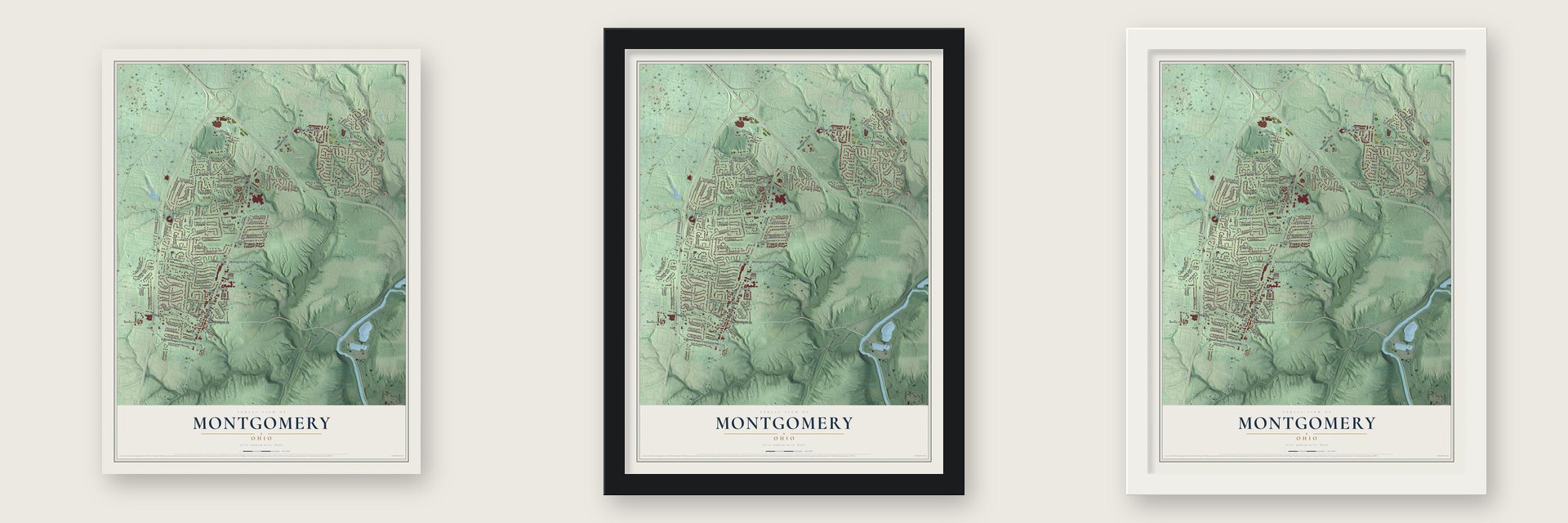Montgomery, Ohio map unframed, in a black wood frame and in a white wood frame