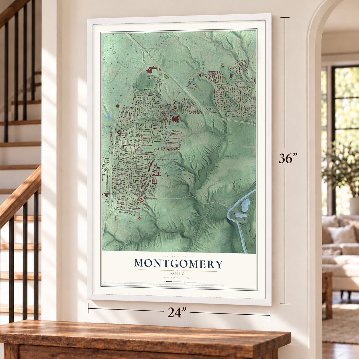 Montgomery, Ohio map, 24 x 36 inch print in a white frame by a staircase