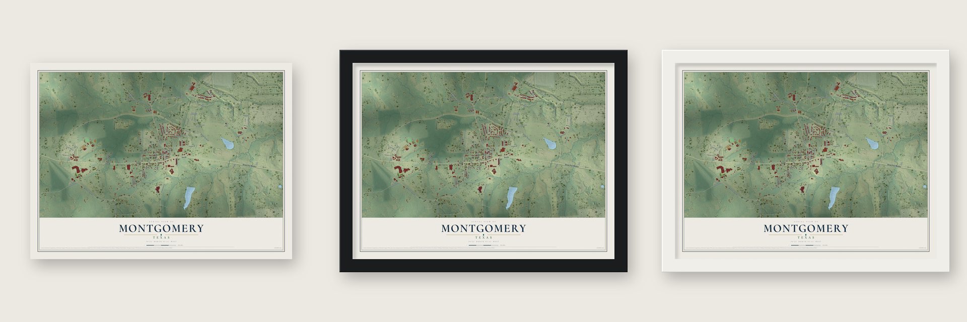 Montgomery, Texas map unframed, in a black wood frame and in a white wood frame