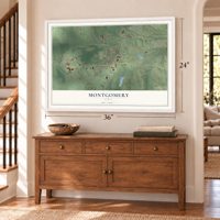Montgomery, Texas map, 24 x 36 inch print in a white frame above a dresser by a staircase