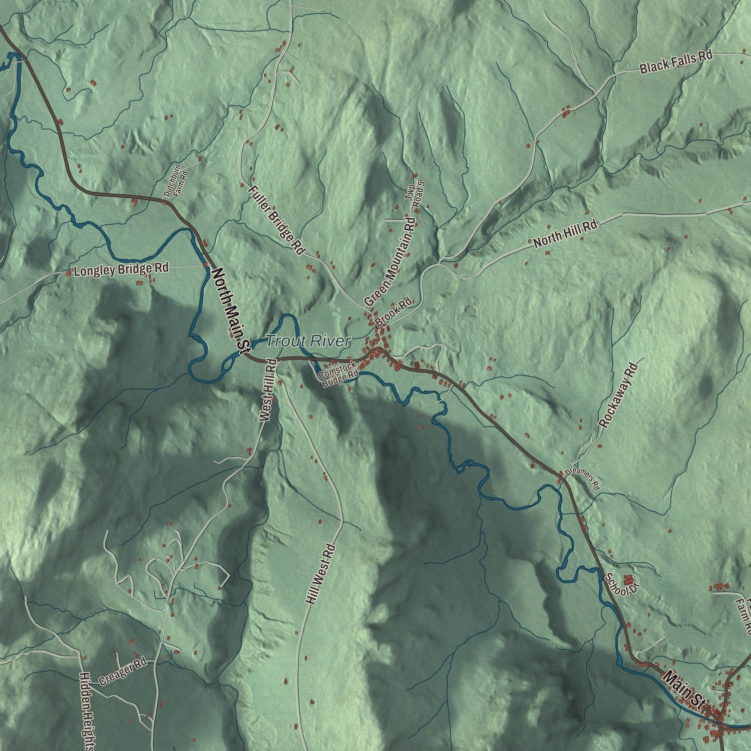Close-up of the map of Montgomery, Vermont print showing terrain and local geography