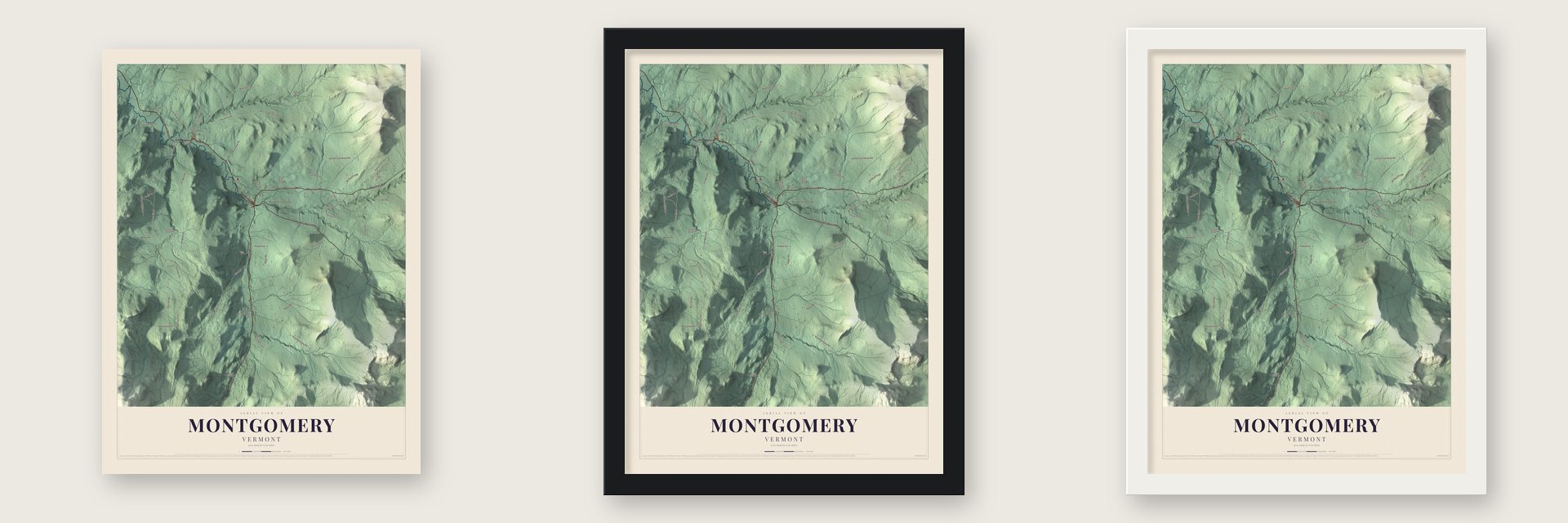Montgomery, Vermont map unframed, in a black wood frame and in a white wood frame
