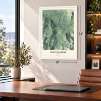 Montgomery, Vermont map, 18 x 24 inch print in a white frame in a home office