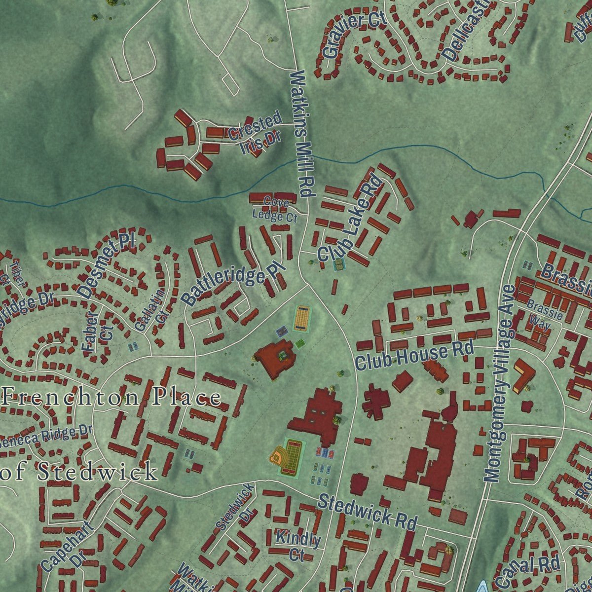 Second close-up of the map of Montgomery Village, Maryland print showing more streets and buildings