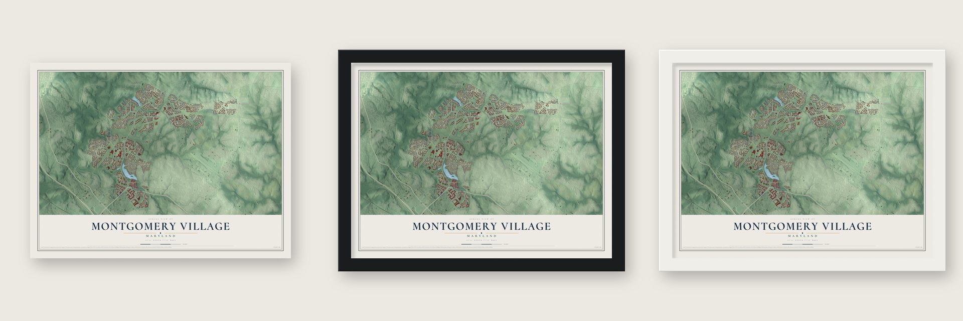 Montgomery Village, Maryland map unframed, in a black wood frame and in a white wood frame