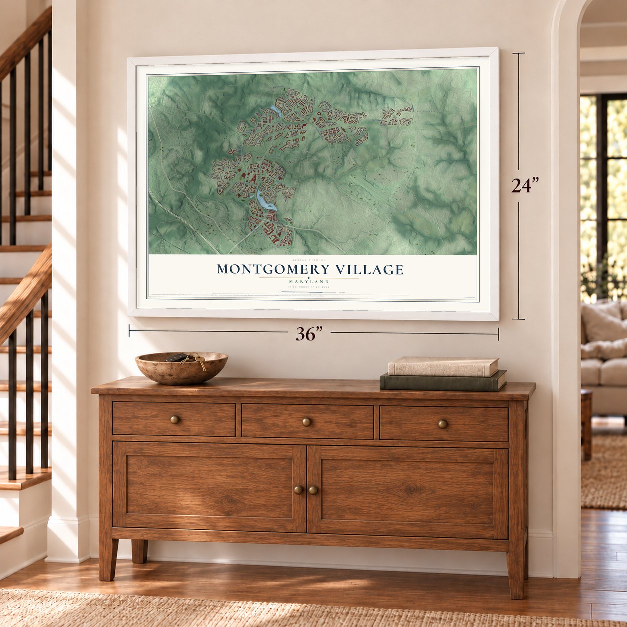 Montgomery Village, Maryland map, 24 x 36 inch print in a white frame above a dresser by a staircase