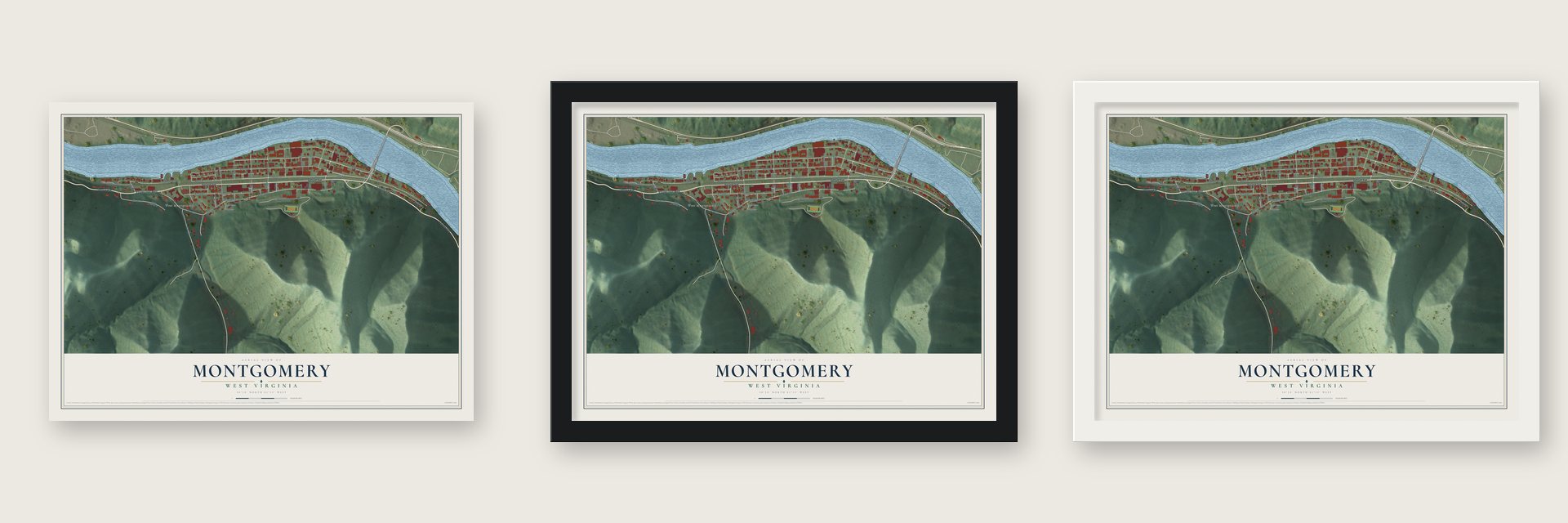 Montgomery, West Virginia map unframed, in a black wood frame and in a white wood frame