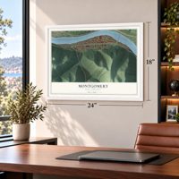 Montgomery, West Virginia map, 18 x 24 inch print in a white frame in a home office
