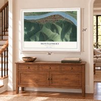 Montgomery, West Virginia map, 24 x 36 inch print in a white frame above a dresser by a staircase