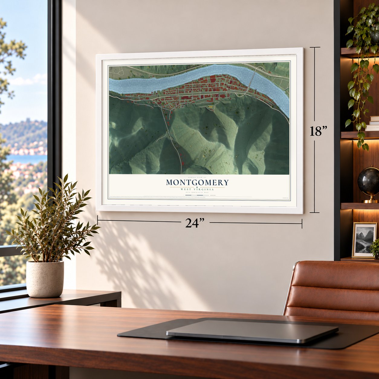 Montgomery, West Virginia map, 18 x 24 inch print in a white frame in a home office