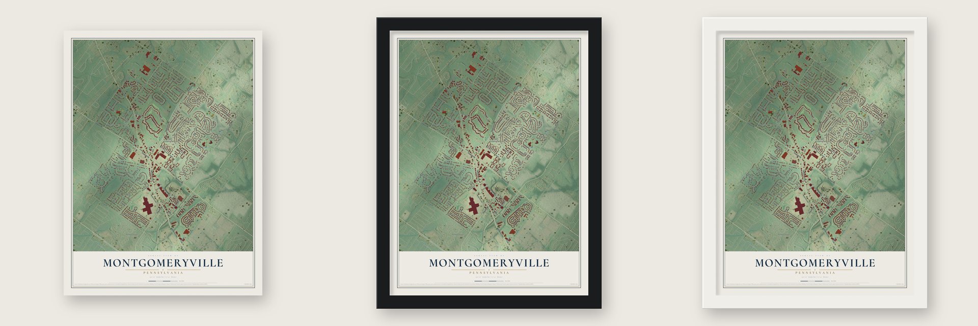 Montgomeryville, Pennsylvania map unframed, in a black wood frame and in a white wood frame