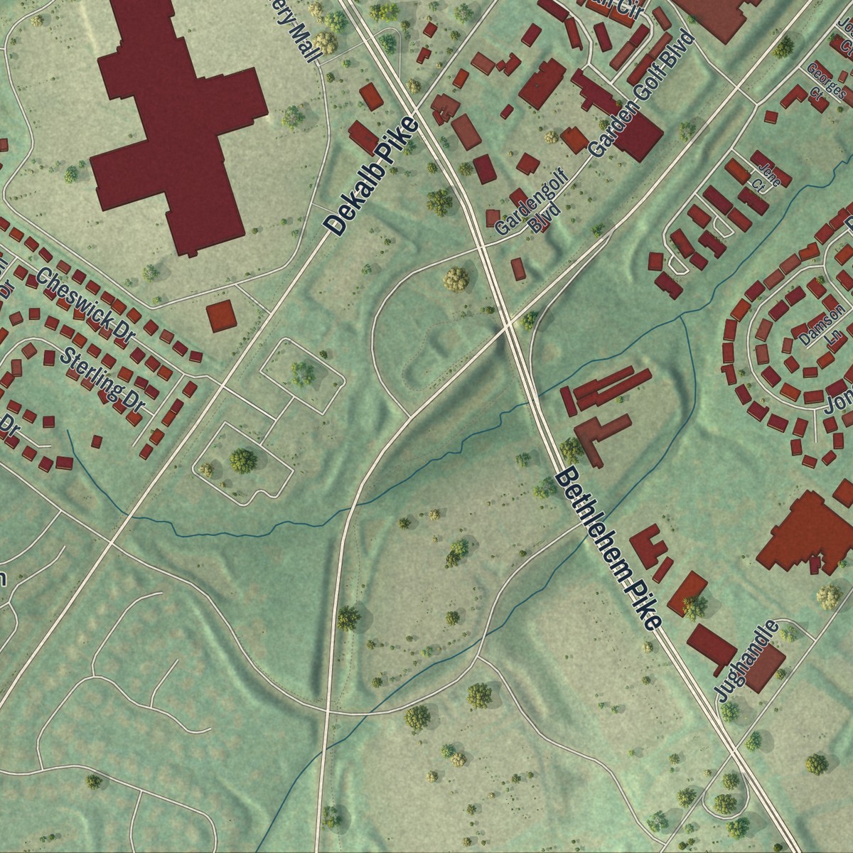 Second close-up of the map of Montgomeryville, Pennsylvania print showing more streets and buildings