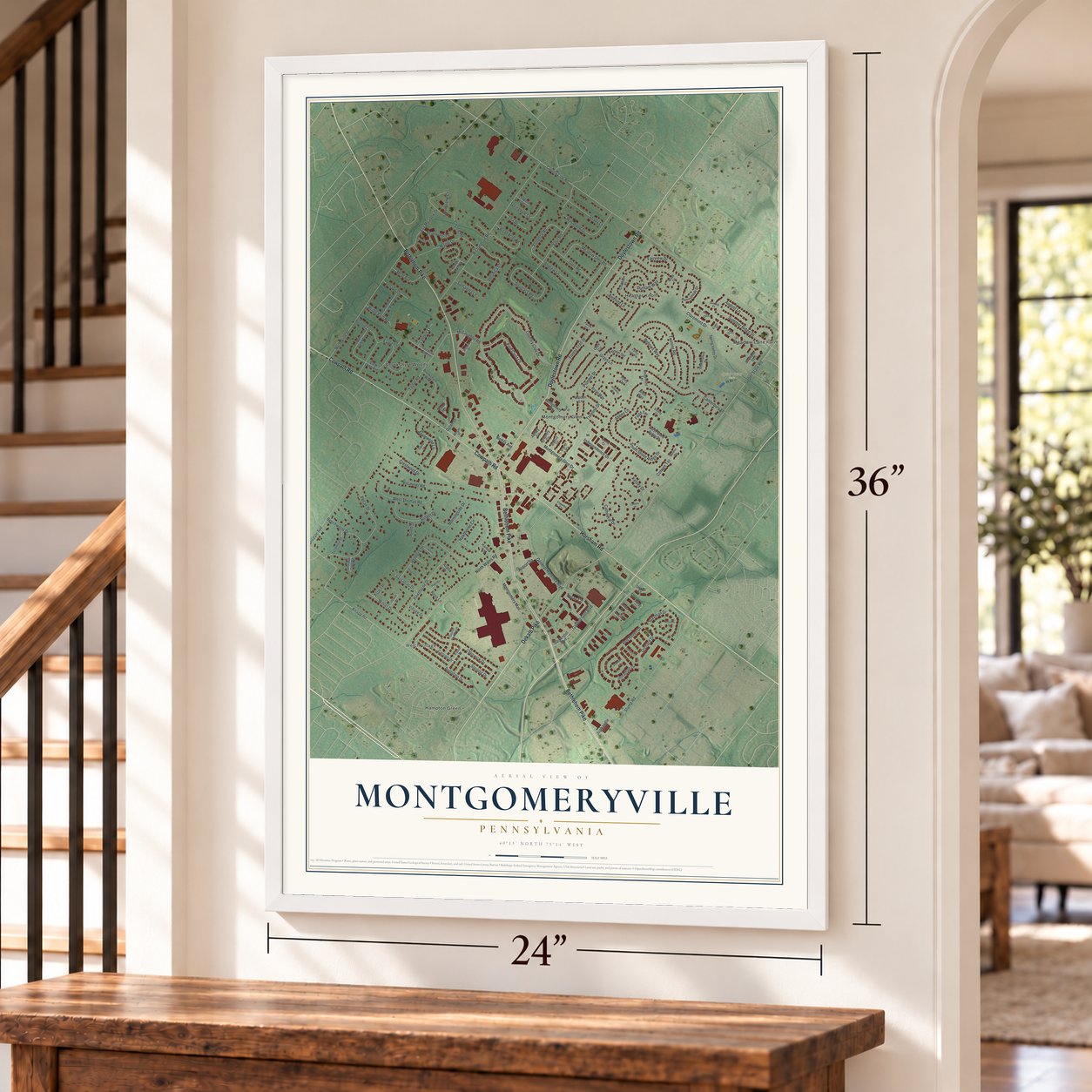 Montgomeryville, Pennsylvania map, 24 x 36 inch print in a white frame by a staircase