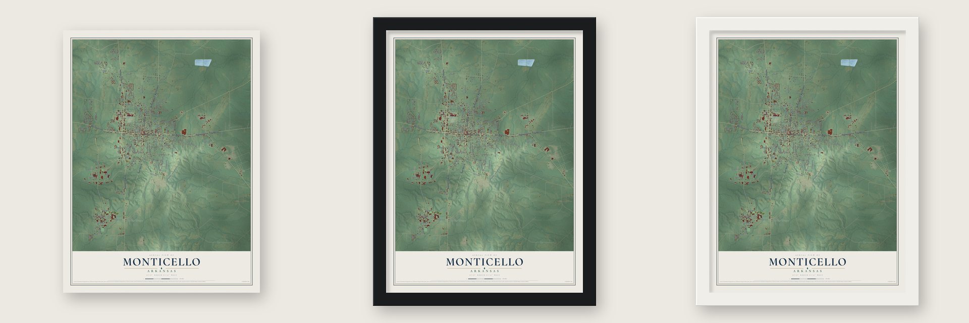 Monticello, Arkansas map unframed, in a black wood frame and in a white wood frame